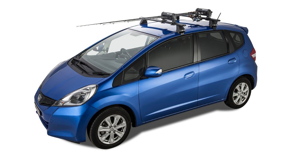 A car with a fishing rod roof rack attached